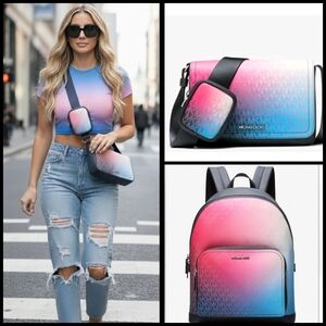 3pc Michael Kors Pink & Blue Sunset Ombré Book bag, Purse & Charm🍒